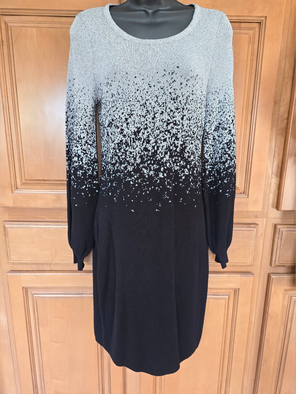 Nina Leonard Women's Black & Silver Ombre - Long Sleeve Sweater Dress Size Small